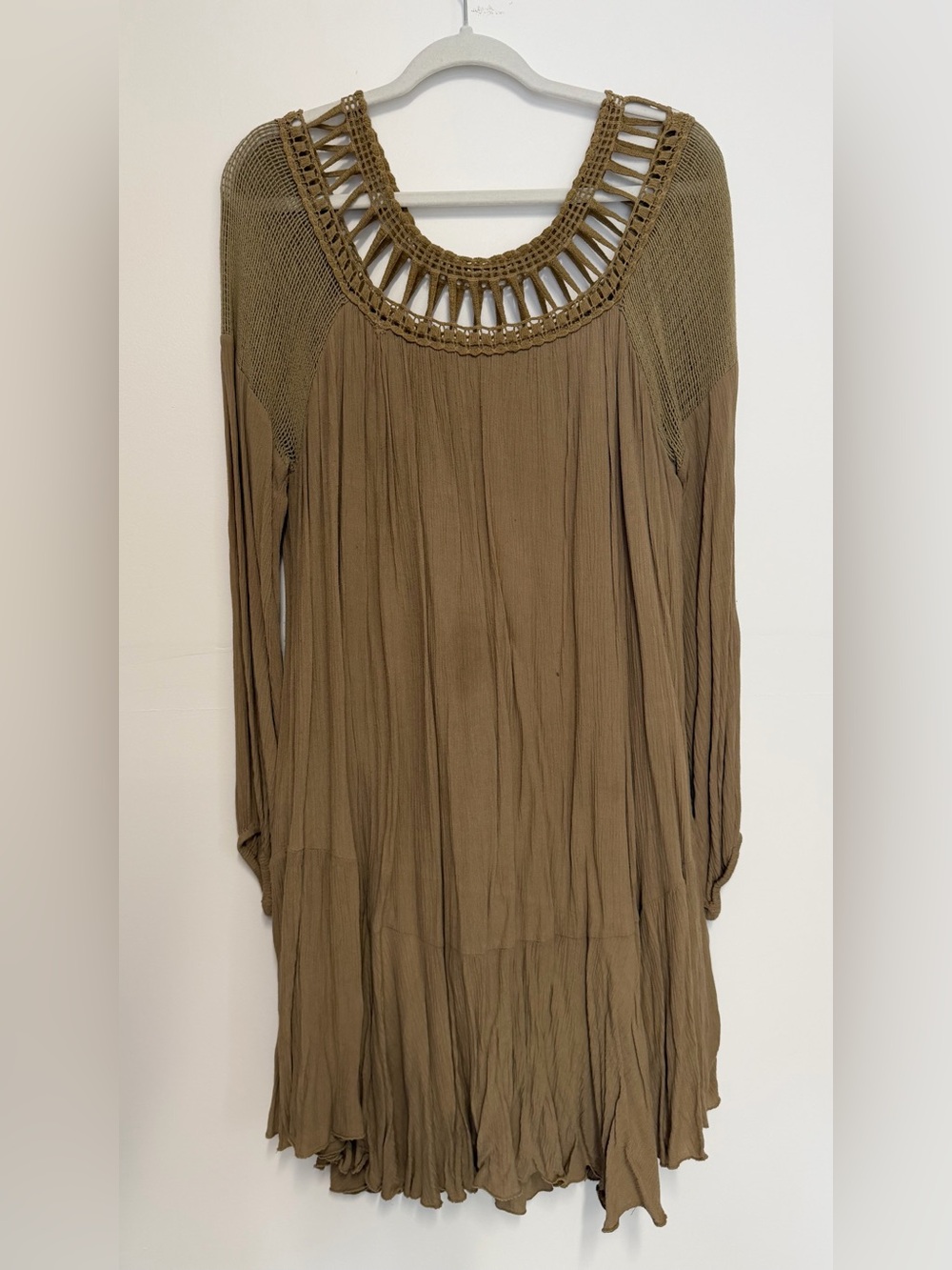 Free People Olive Brown Crochet-Trim Long Sleeve Dress